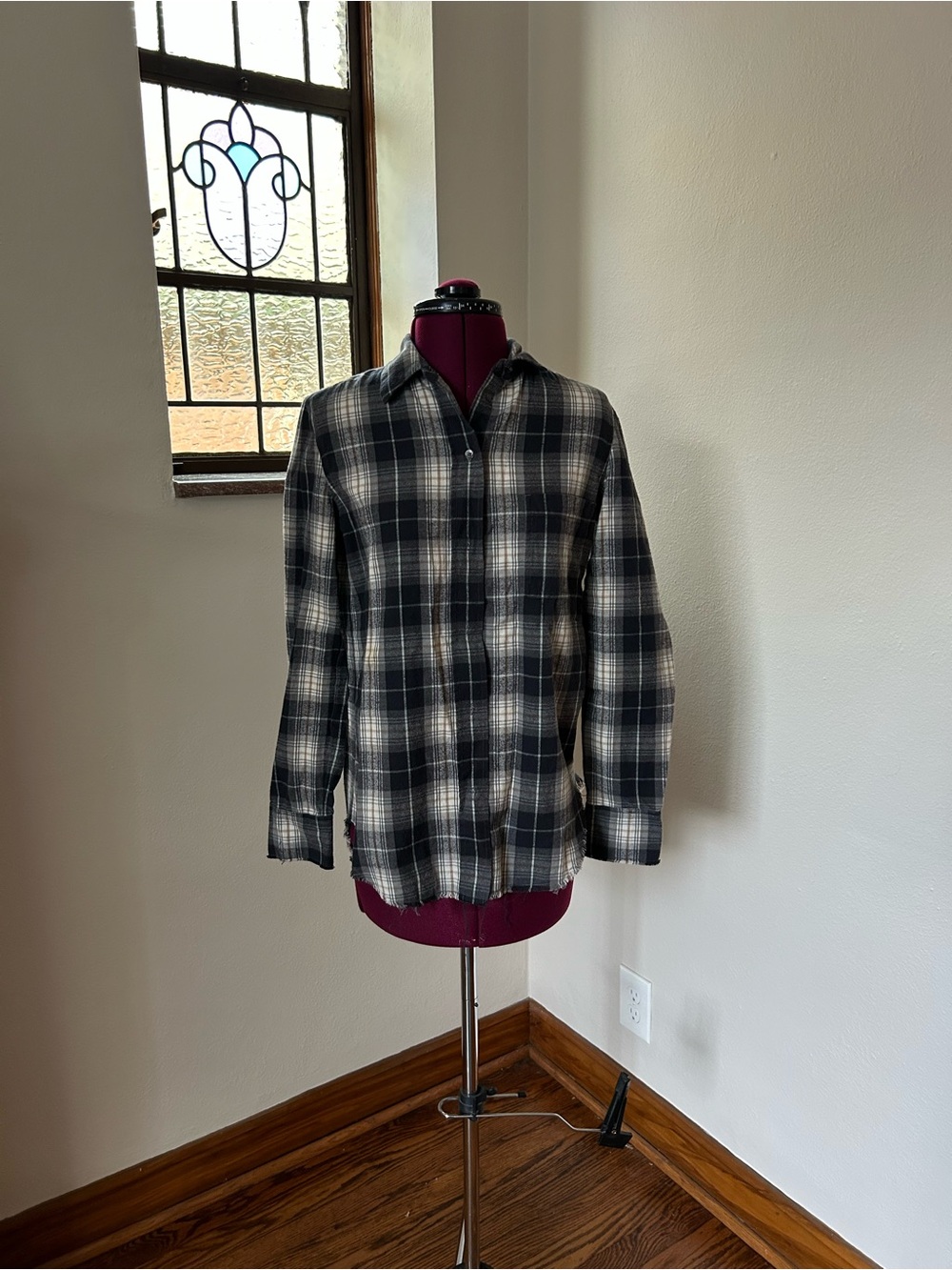 ·Vince· cotton distressed plaid button down shirt